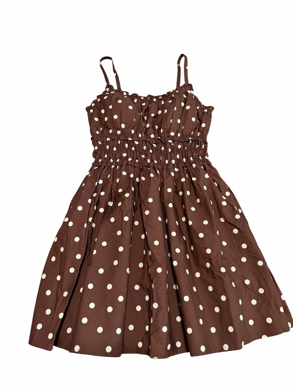 NWT Abercrombie & Fitch Brown Polka Dot Bra-Free Smocked Waist Mini Dress | M - Picture 3 of 8